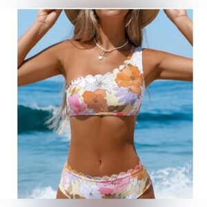 🪷👙Floral One-Shoulder Bikini Set in Pink, Orange & Lavender